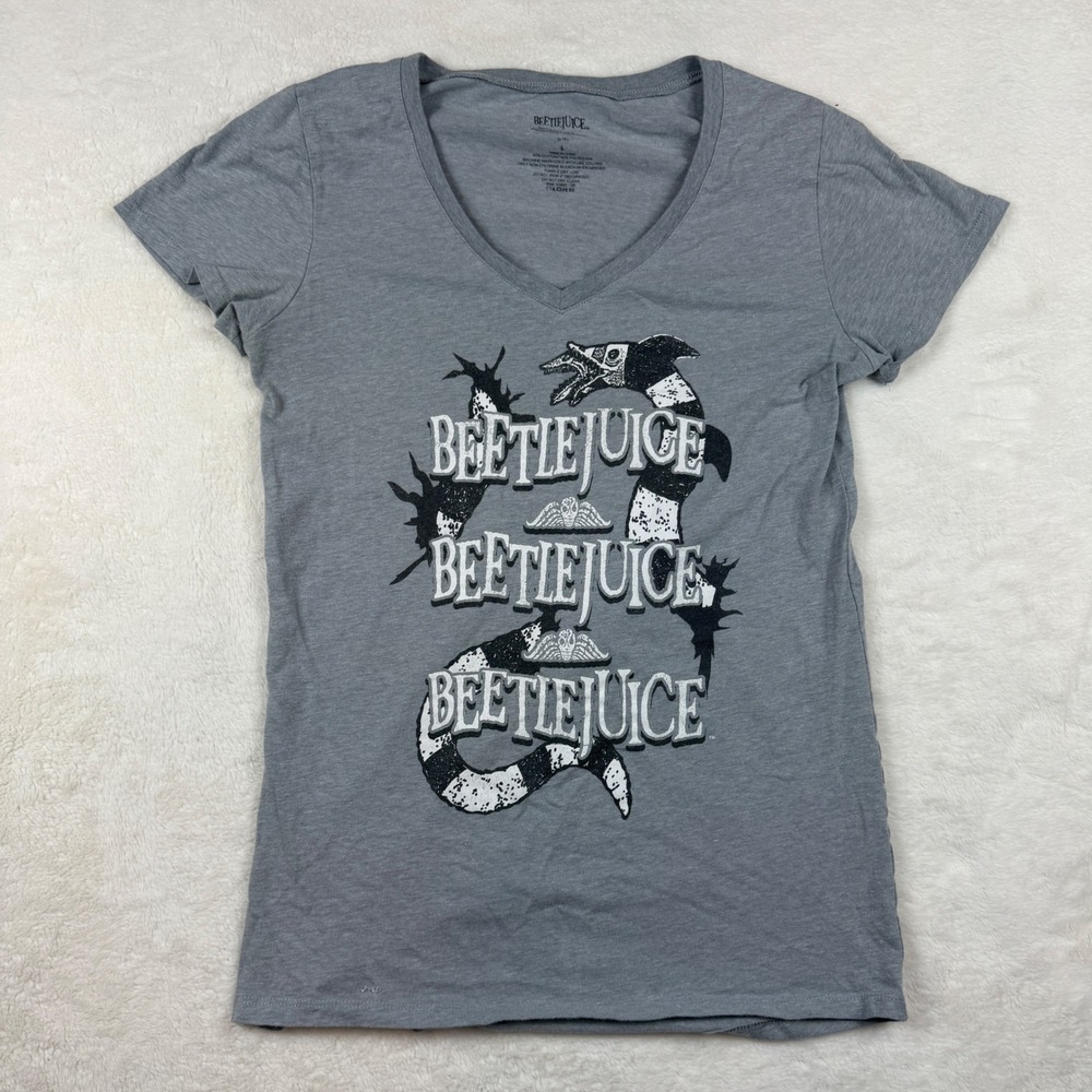 Beetlejuice Sandworm Graphic V-Neck T-Shirt Heather Gray Womens Large Movie Tee
